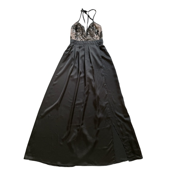 Showpo. studded black halter strap satin maxi slip dress, plunge neck, Sz: US 4 - Picture 6 of 11